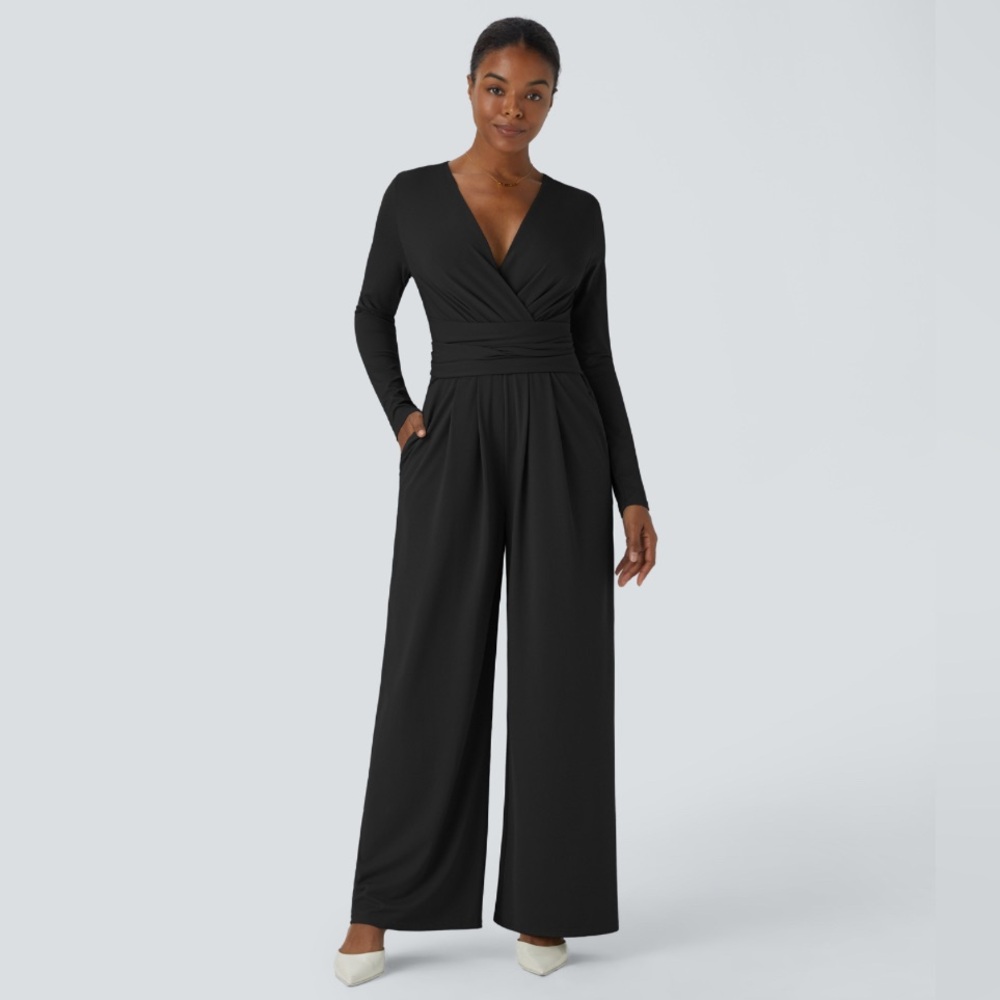 HALARA V Neck Long Sleeve Side Pocket Tie Back Jumpsuit